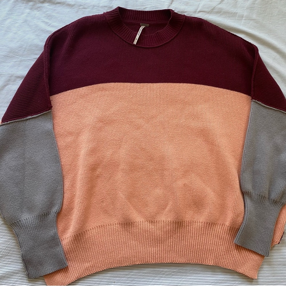 Free People Womens Pullover Color Block Gray Peach Red Oversized Sweater Size S
